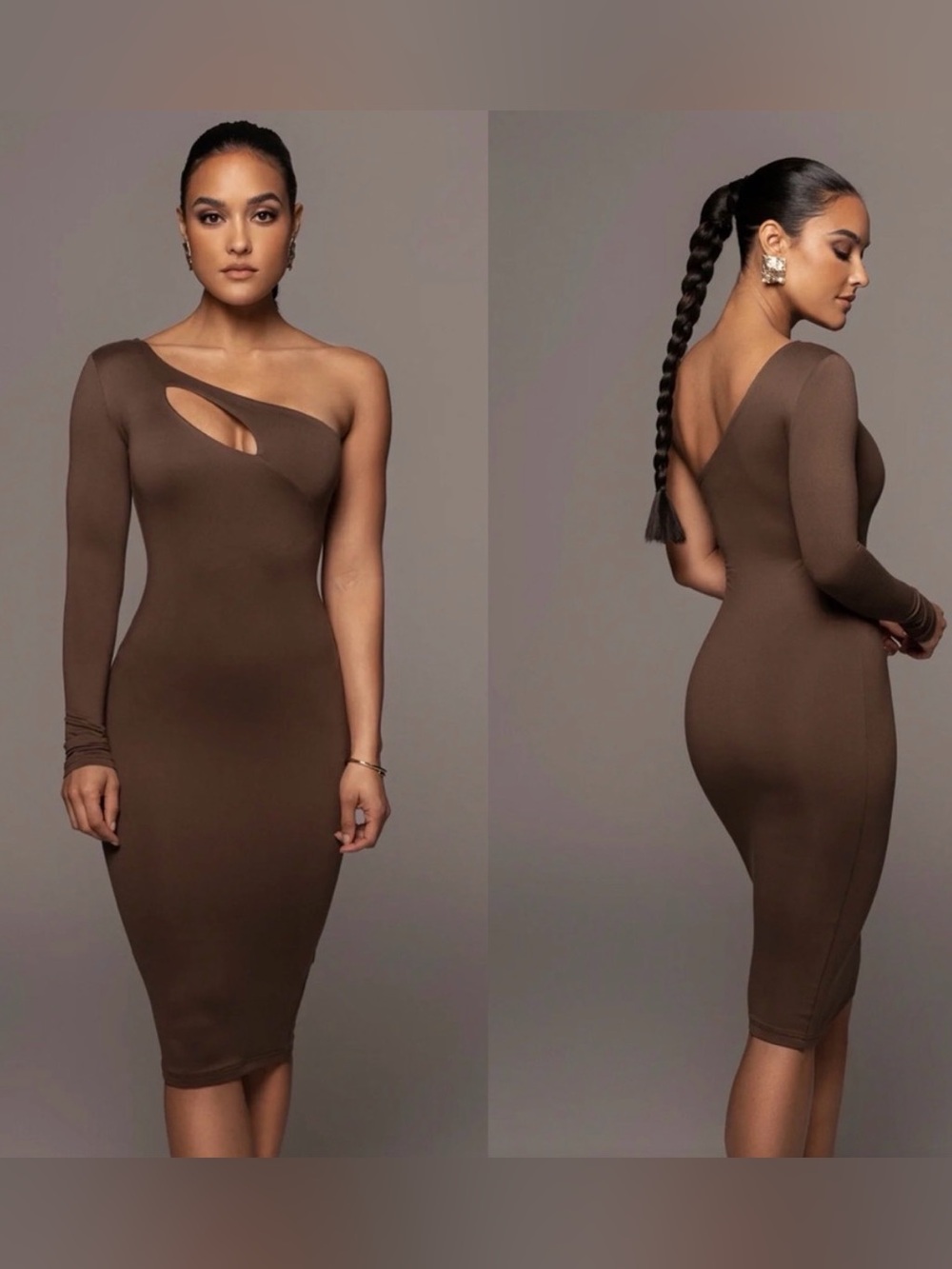 JLUXLABEL Faira Chocolate Brown Keyhole Cutout Long Sleeve Dress M